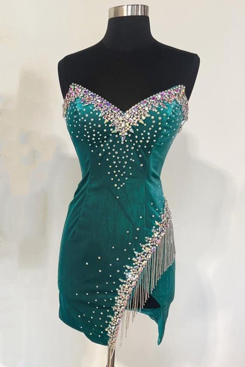 Velvet Strapless Beaded Short Cocktail Dresses with Tassels