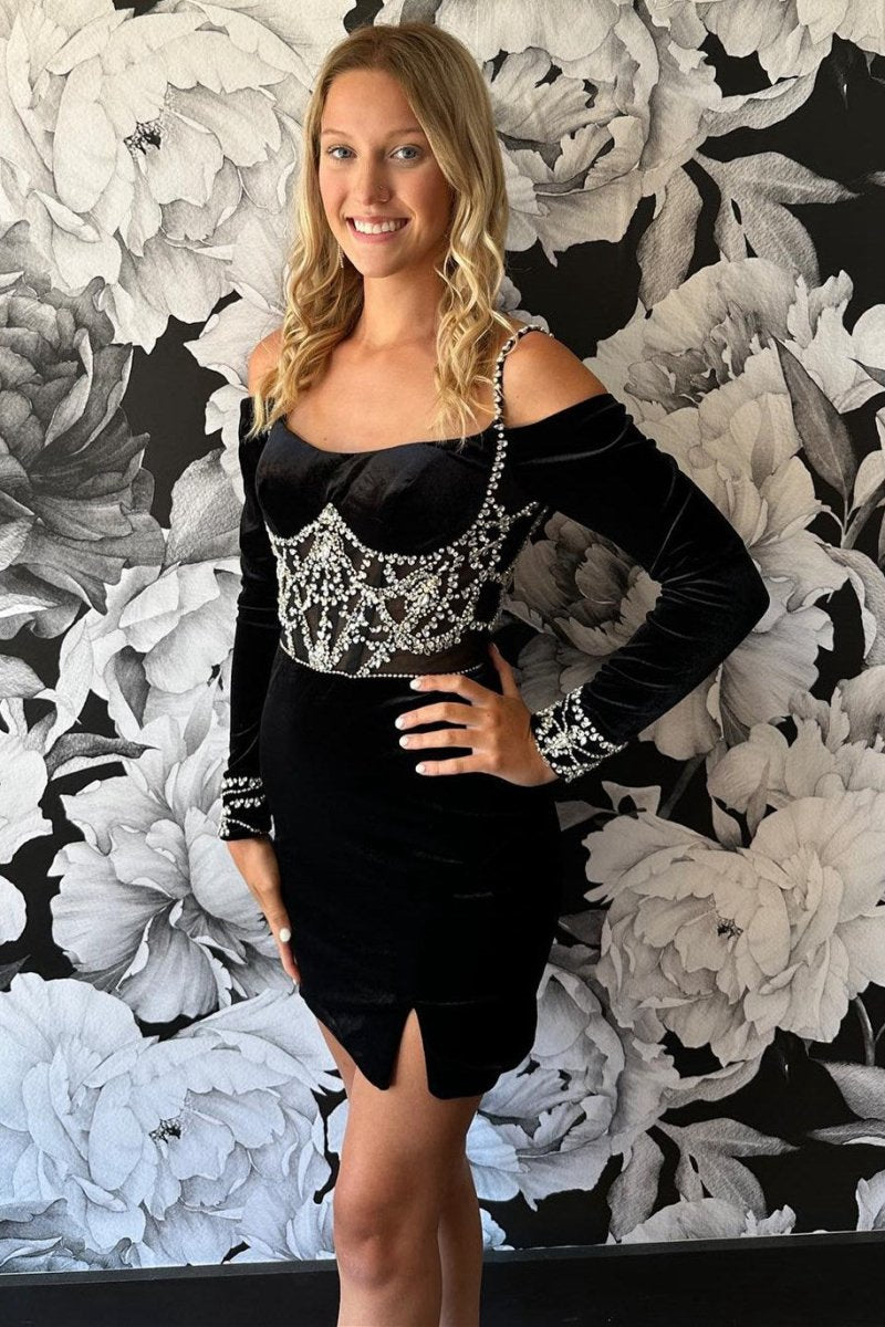 Velvet Cold-Shoulder Short Homecoming Dresses with Rhinestones