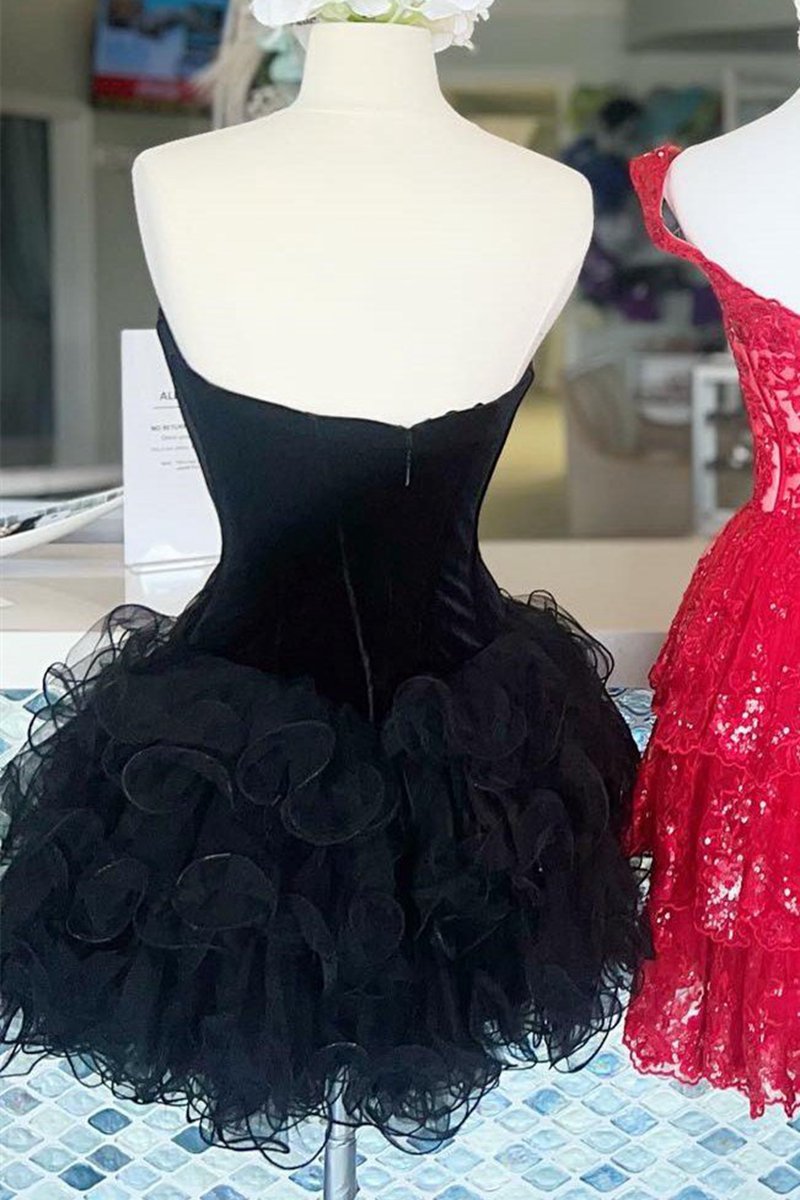 Velvet Strapless Ruffles Short Homecoming Dresses