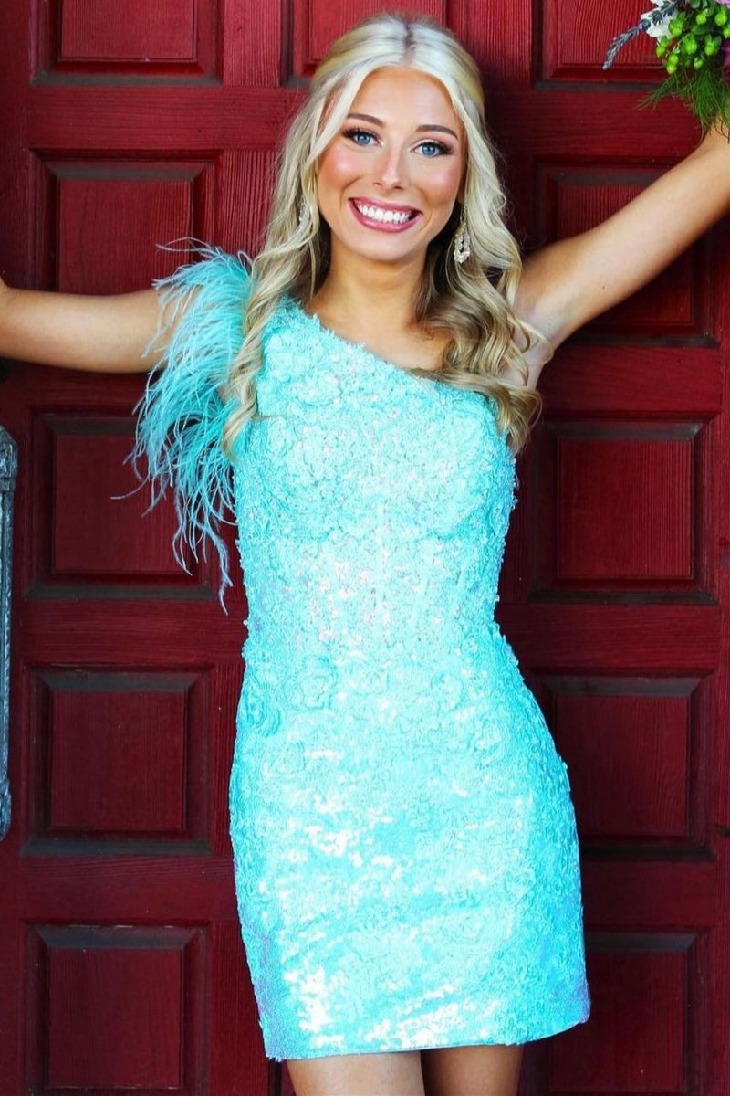 One-Shoulder Sequin Lace Short Homecoming Dresses with Feathers