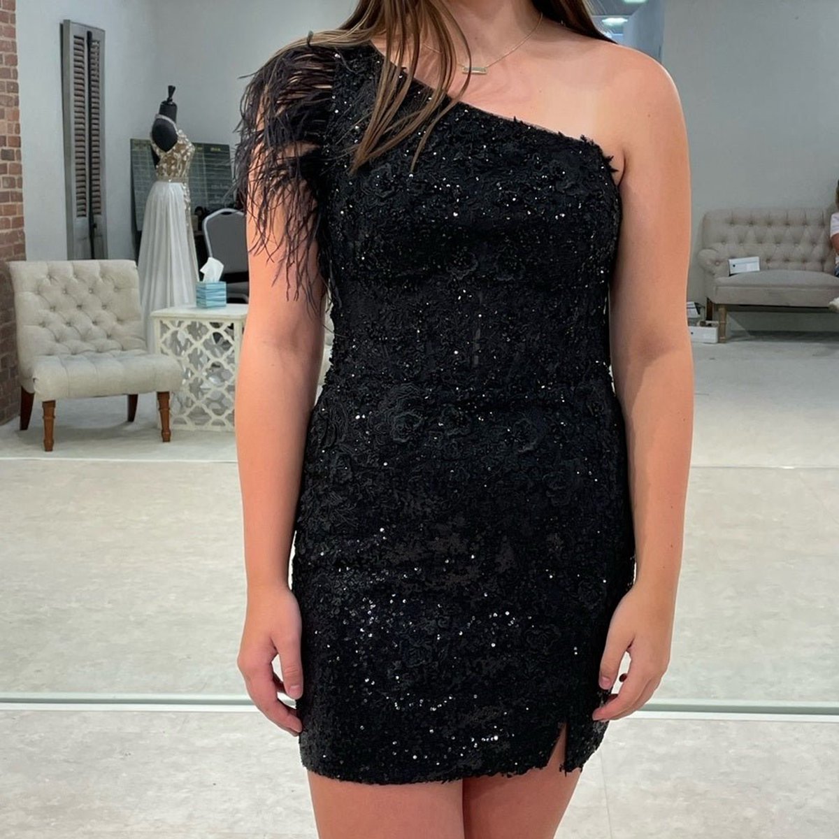 One-Shoulder Sequin Lace Short Homecoming Dresses with Feathers