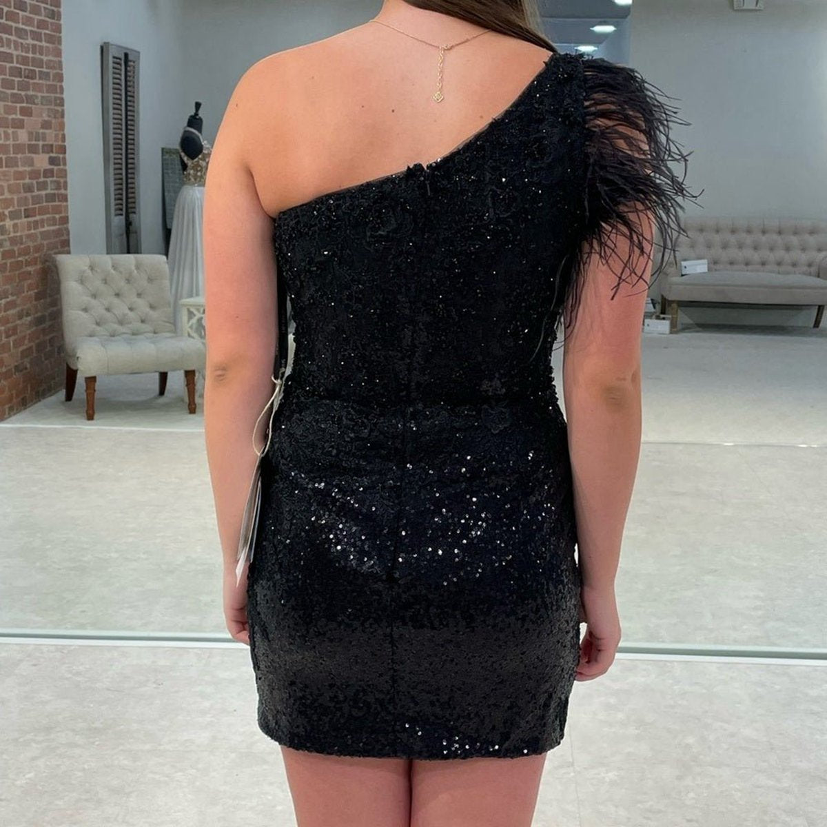 One-Shoulder Sequin Lace Short Homecoming Dresses with Feathers