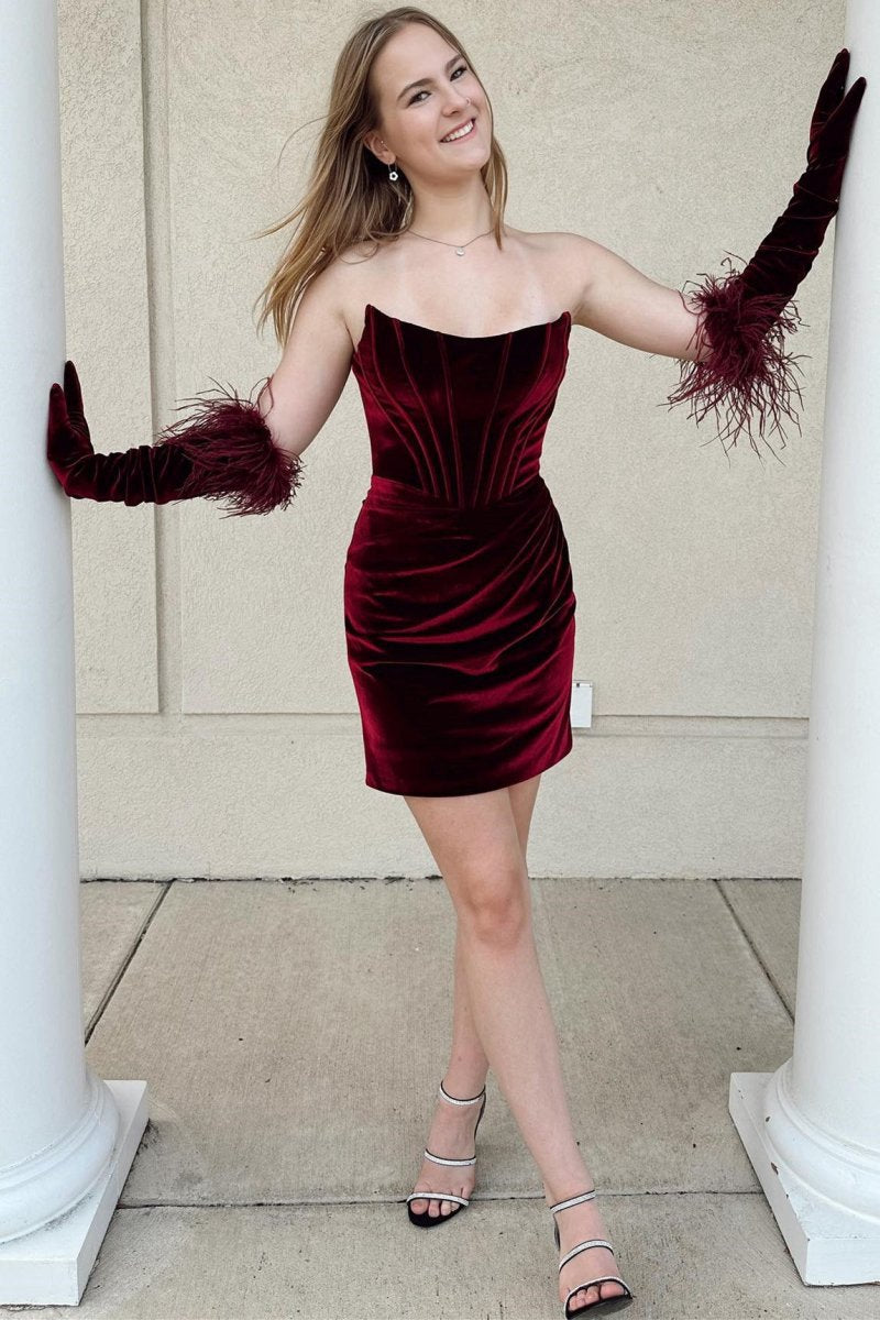 Wine Velvet Strapless Bodycon Short Homecoming Dresses