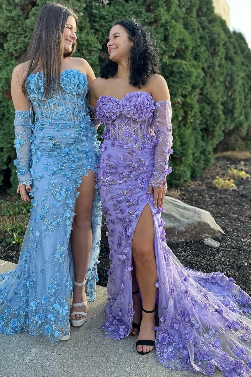 3D Floral Lace Strapless Long Prom Dresses with Detachable Sleeves