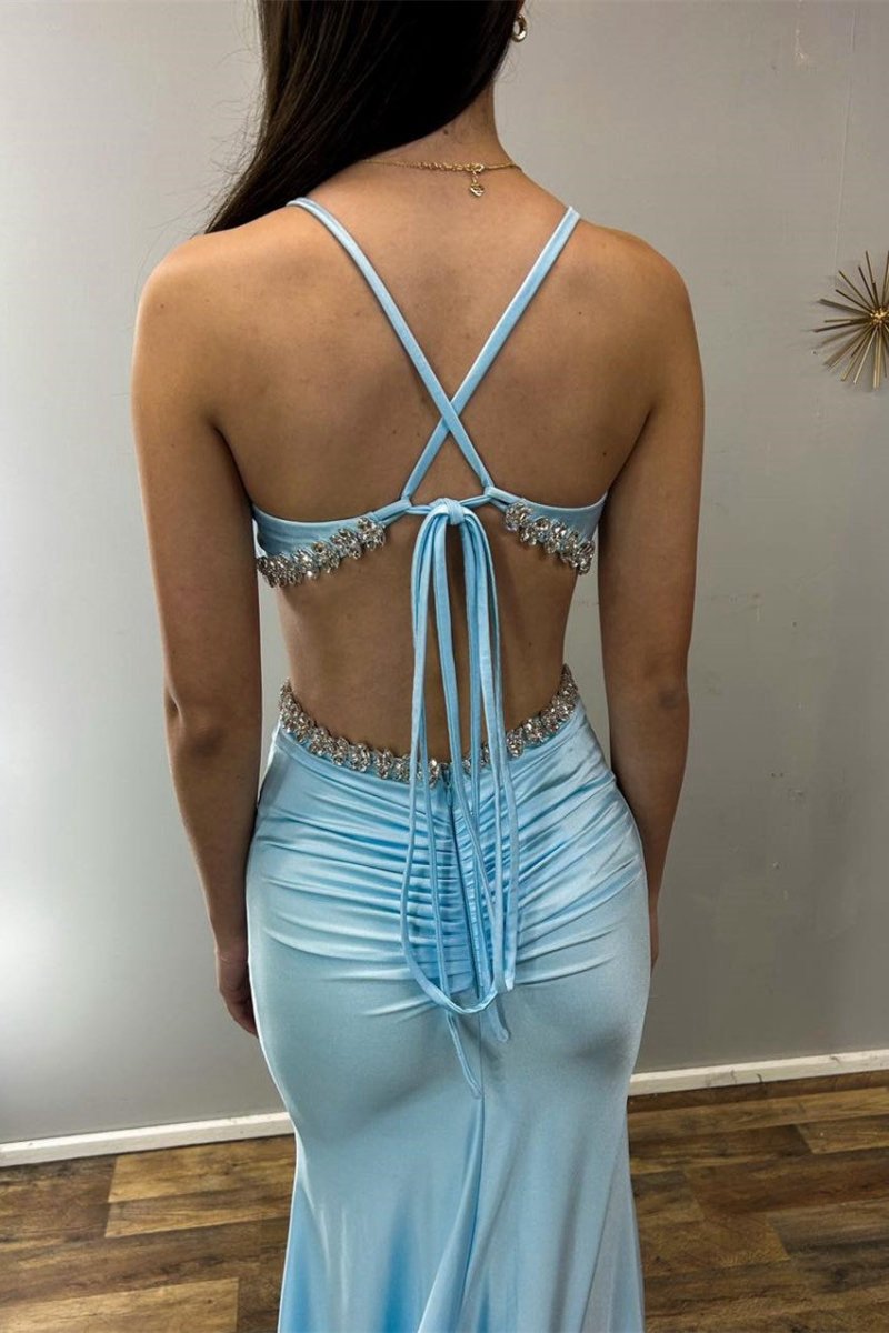 V-Neck Cutout Rhinestone Mermaid Long Formal Dresses