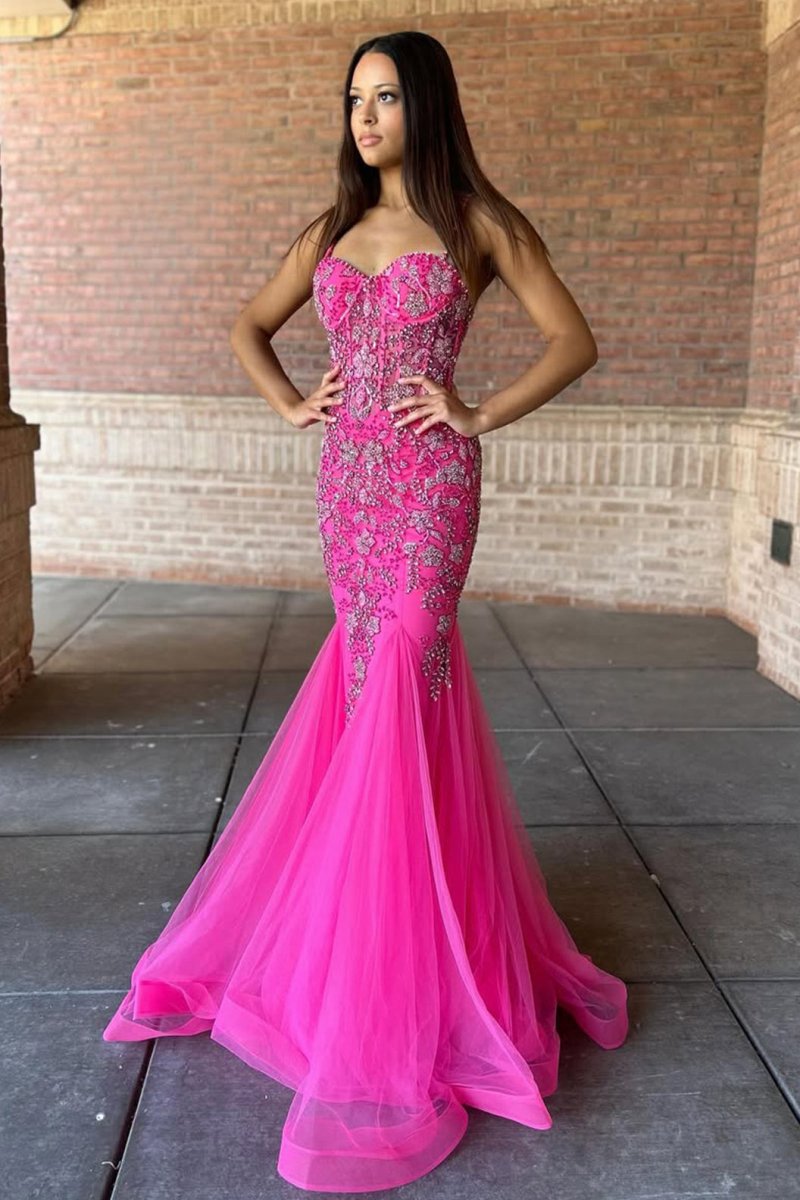 Beaded Spaghetti Strap Trumpet Long Gown