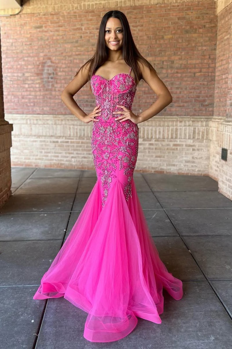 Beaded Spaghetti Strap Trumpet Long Gown