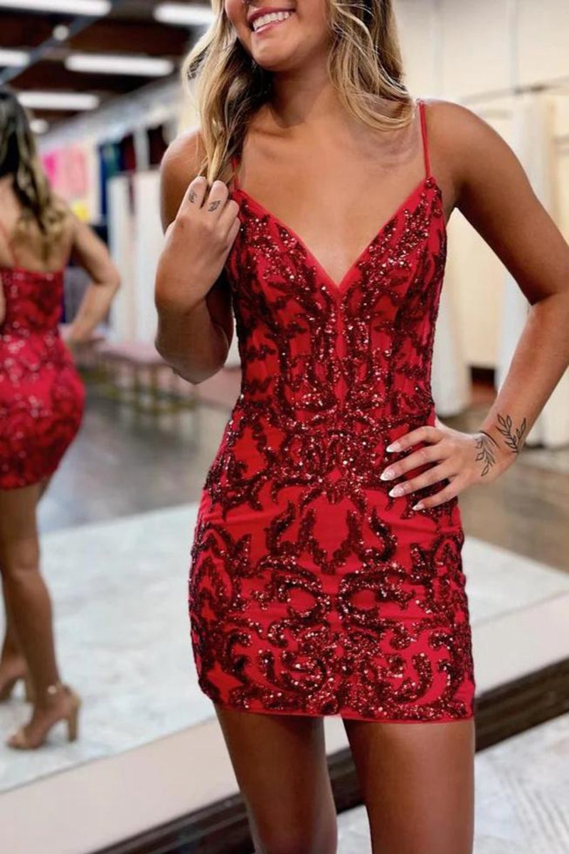 V Neck Bodycon Homecoming Dresses with Sequins Appliques