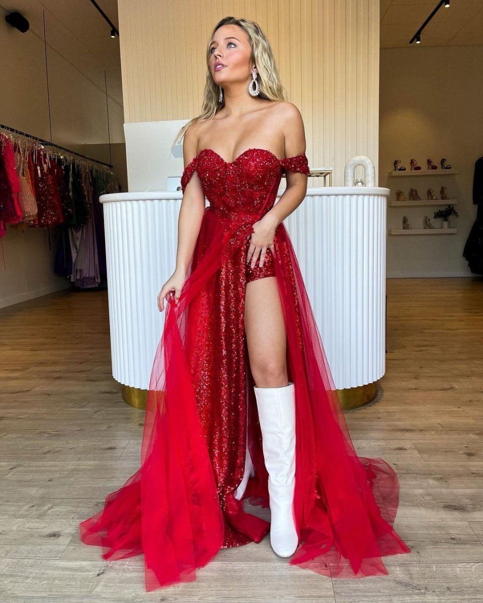 Sparkly Tow Piece Off the Shoulder Sequins Long Prom Dresses