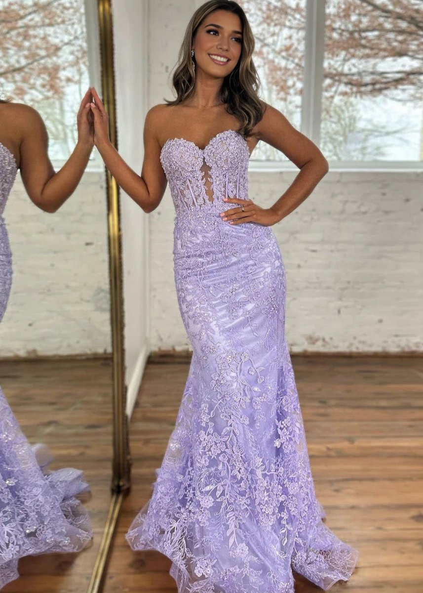 Sweetheart Lace Appliques Mermaid Long Prom Dresses