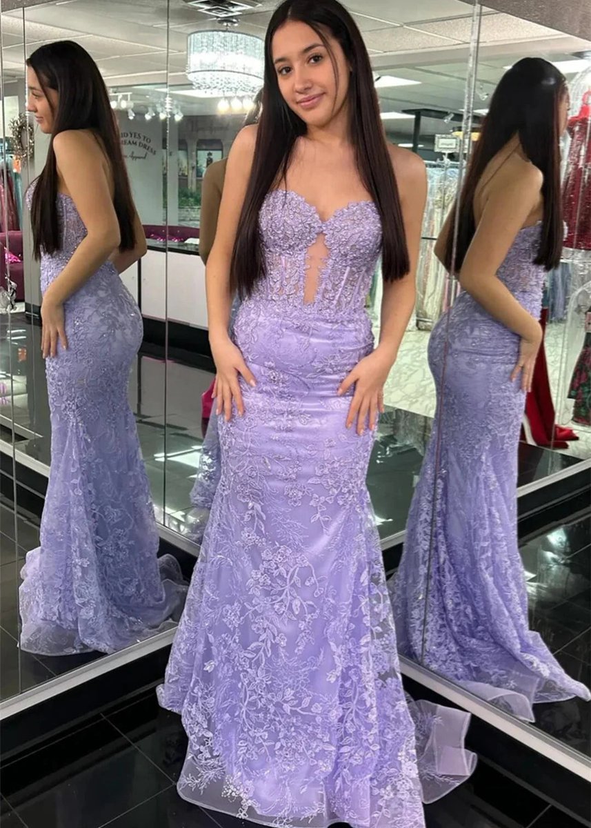 Sweetheart Lace Appliques Mermaid Long Prom Dresses