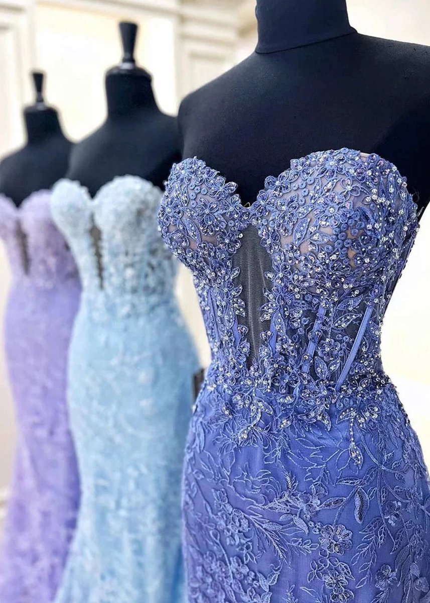 Sweetheart Lace Appliques Mermaid Long Prom Dresses