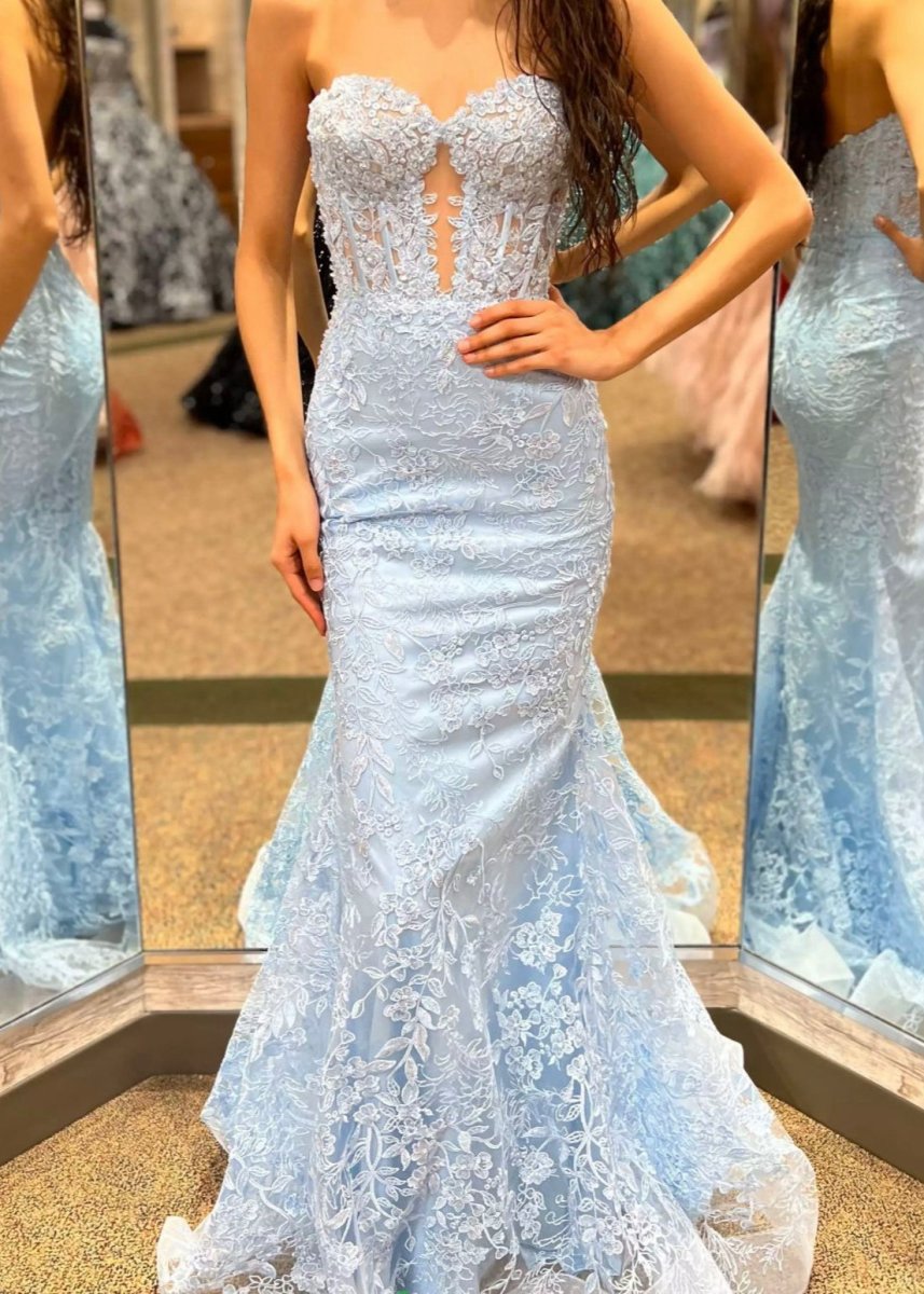 Sweetheart Lace Appliques Mermaid Long Prom Dresses