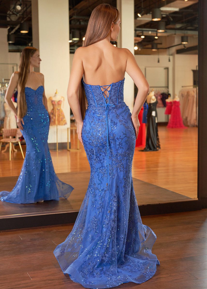 Sweetheart Lace Appliques Mermaid Long Prom Dresses