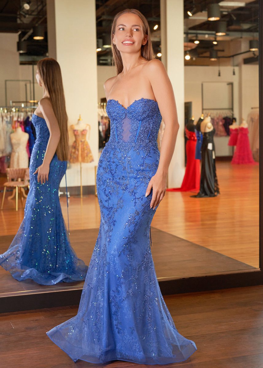 Sweetheart Lace Appliques Mermaid Long Prom Dresses