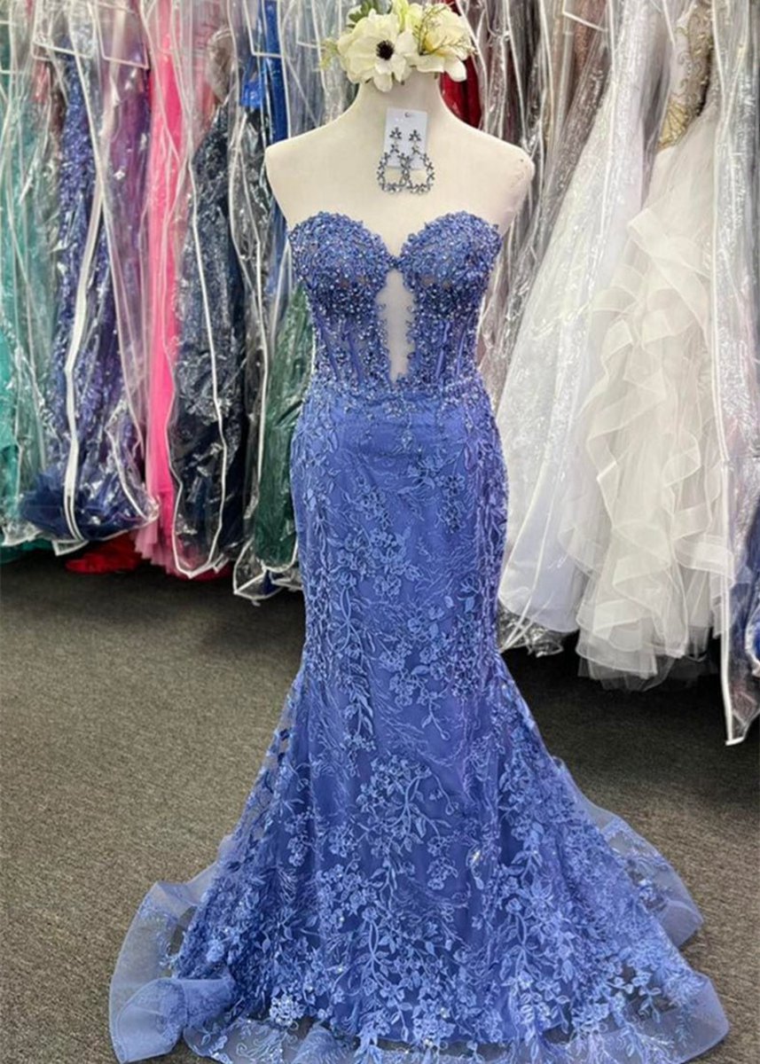 Sweetheart Lace Appliques Mermaid Long Prom Dresses