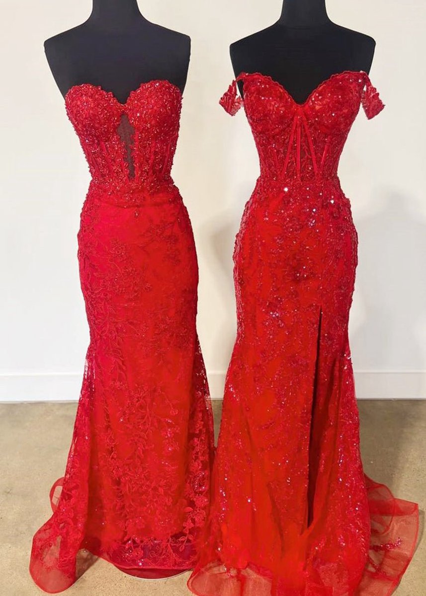 Sweetheart Lace Appliques Mermaid Long Prom Dresses
