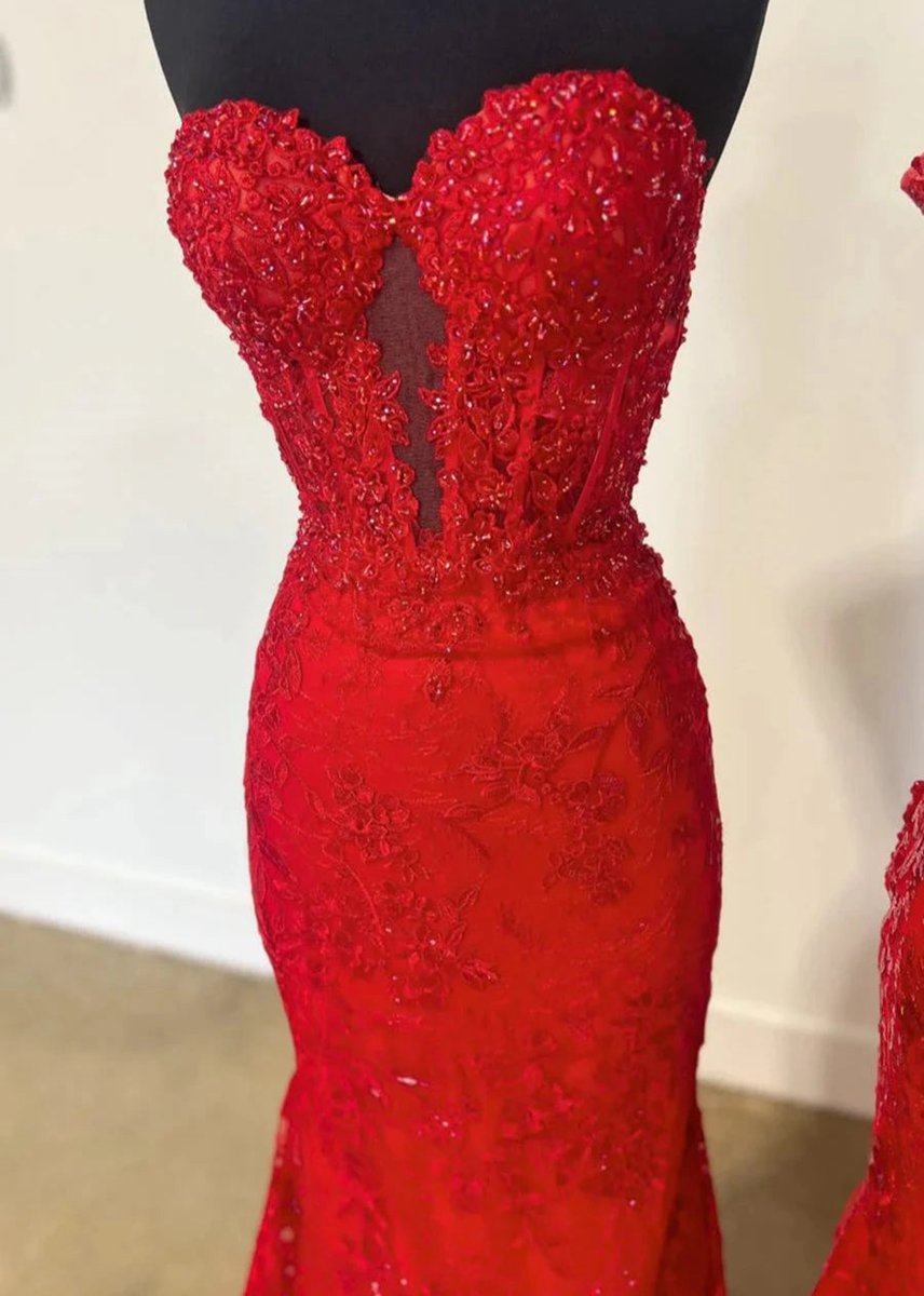 Sweetheart Lace Appliques Mermaid Long Prom Dresses