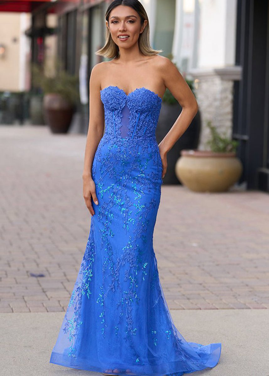 Sweetheart Lace Appliques Mermaid Long Prom Dresses