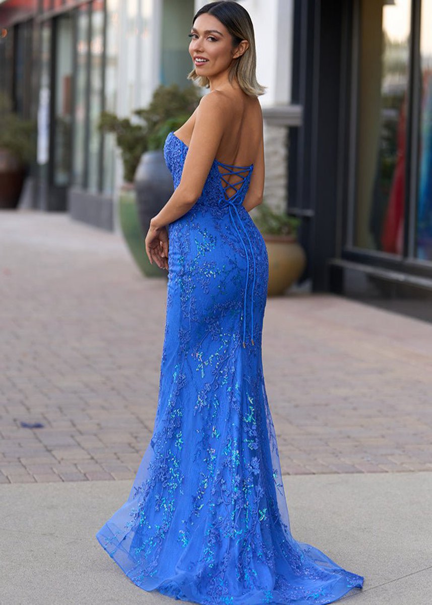Sweetheart Lace Appliques Mermaid Long Prom Dresses