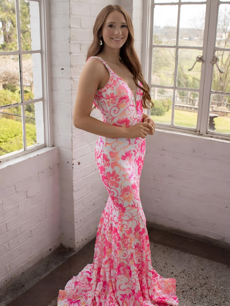 V Neck Sequin Lace Mermaid Prom Dresses