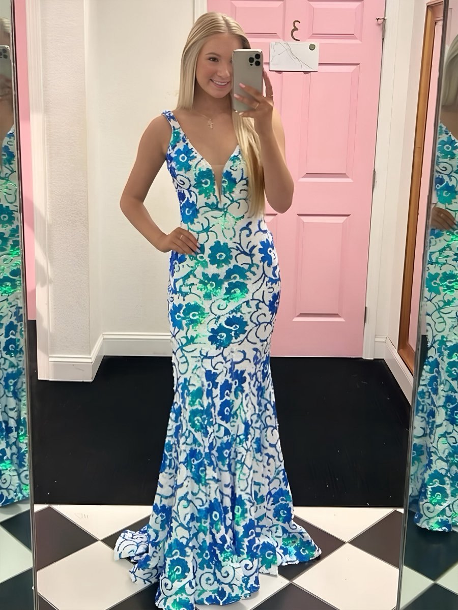V Neck Sequin Lace Mermaid Prom Dresses