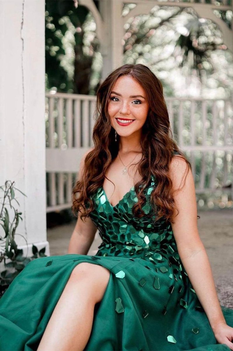 A-line V-Neck Sequins Long Prom Dresses