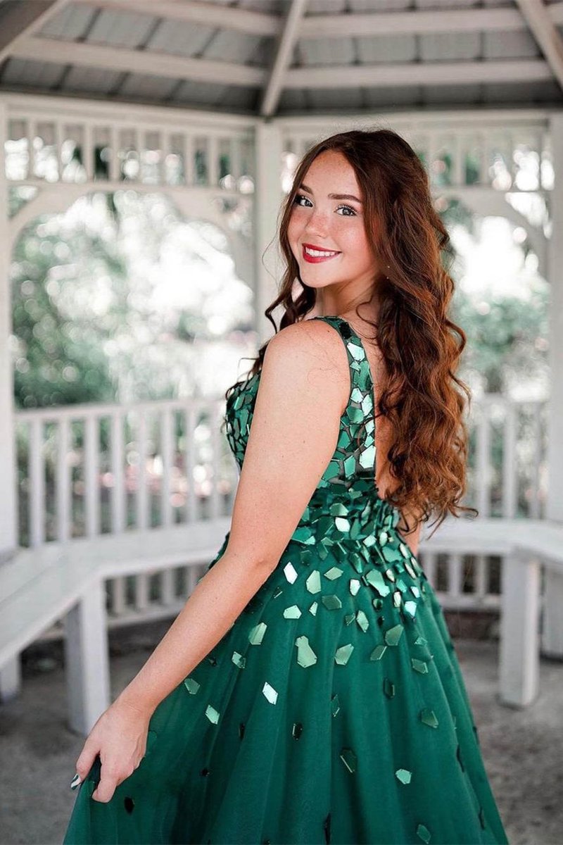 A-line V-Neck Sequins Long Prom Dresses