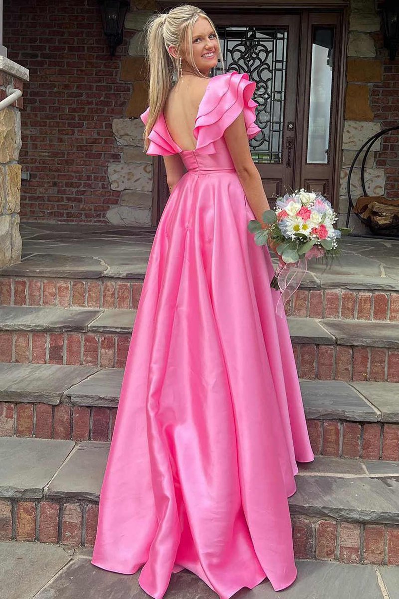 V-Neck Ruffle A-line Long Prom Dresses