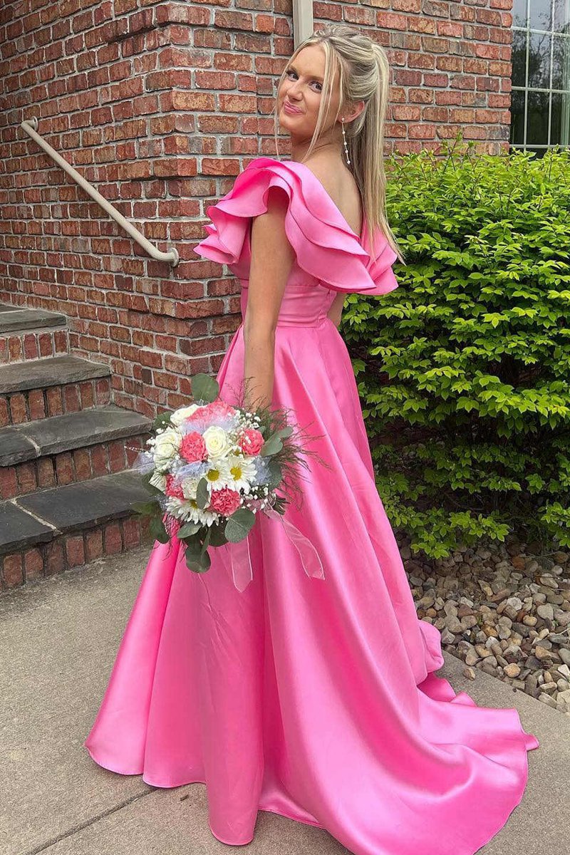 V-Neck Ruffle A-line Long Prom Dresses