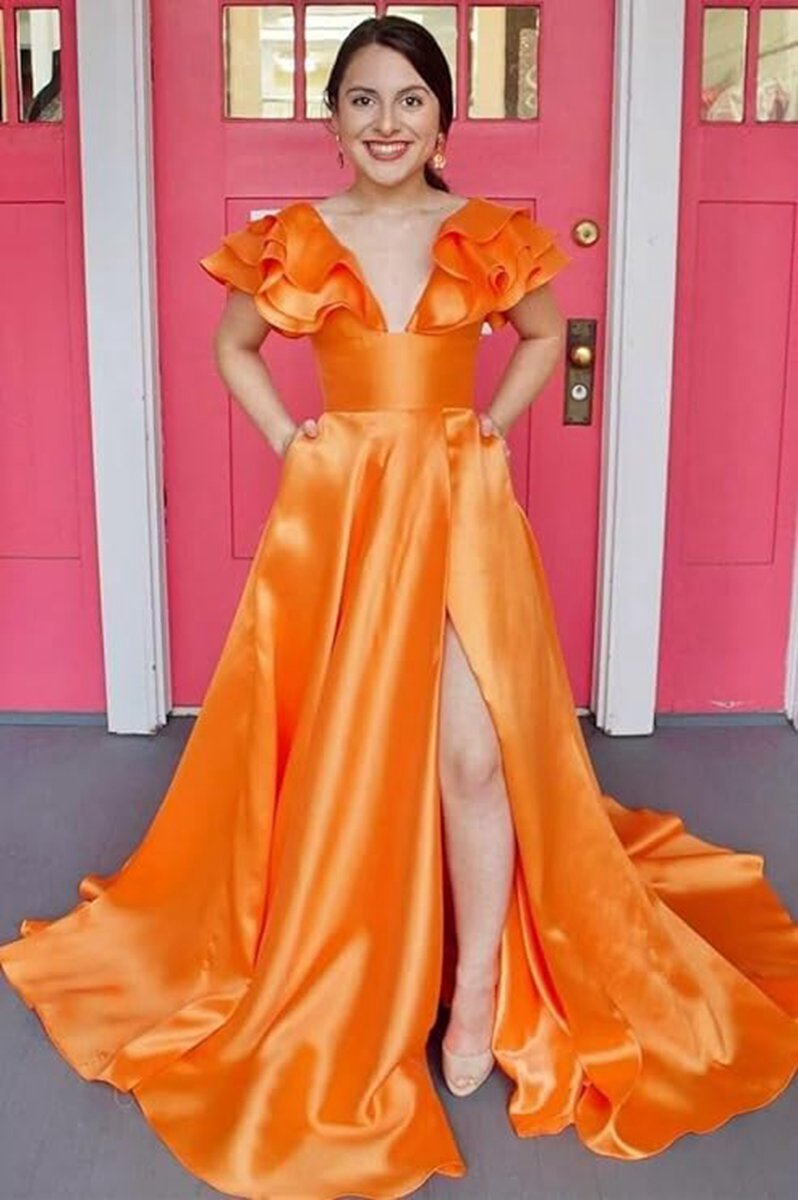 V-Neck Ruffle A-line Long Prom Dresses