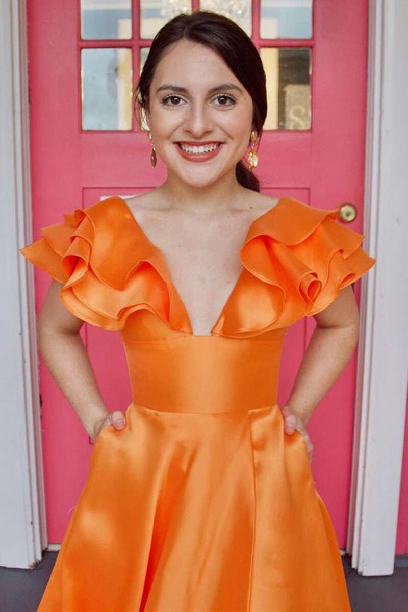V-Neck Ruffle A-line Long Prom Dresses