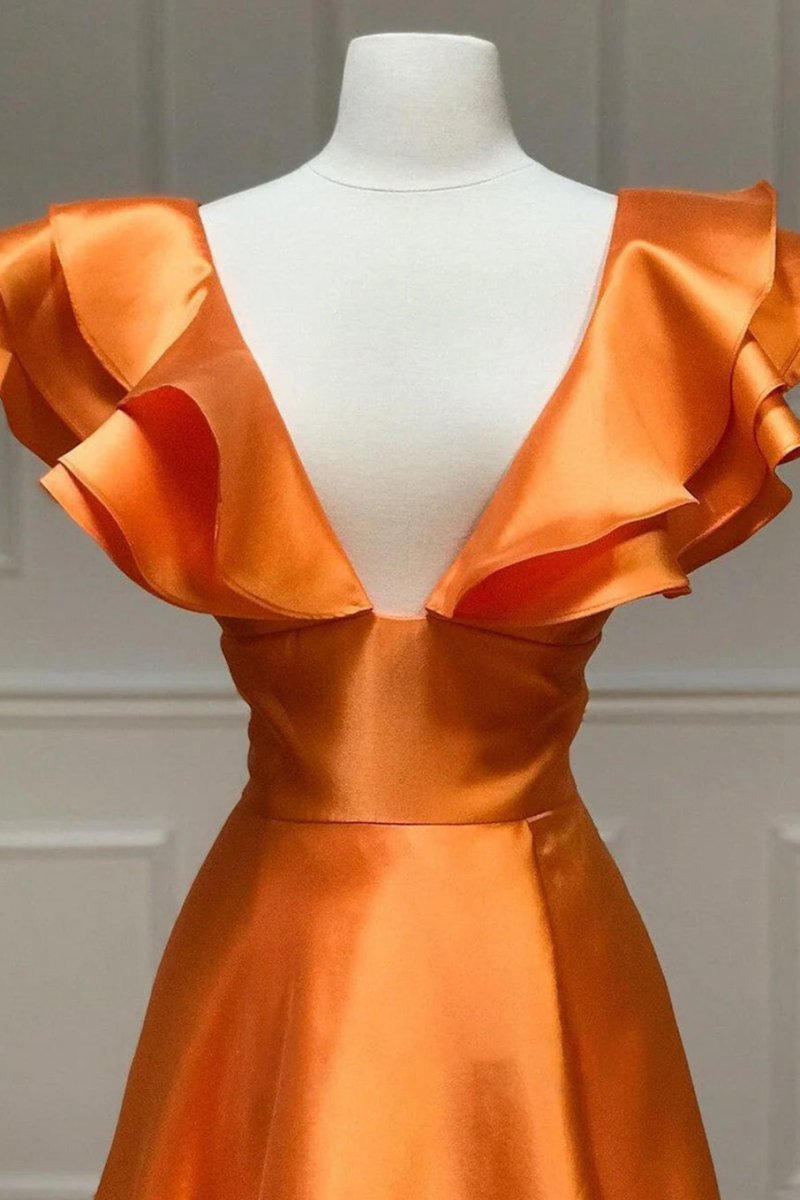 V-Neck Ruffle A-line Long Prom Dresses