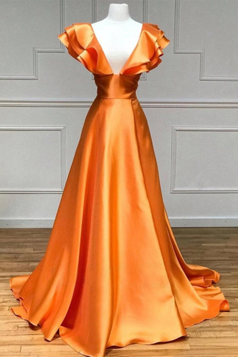 V-Neck Ruffle A-line Long Prom Dresses