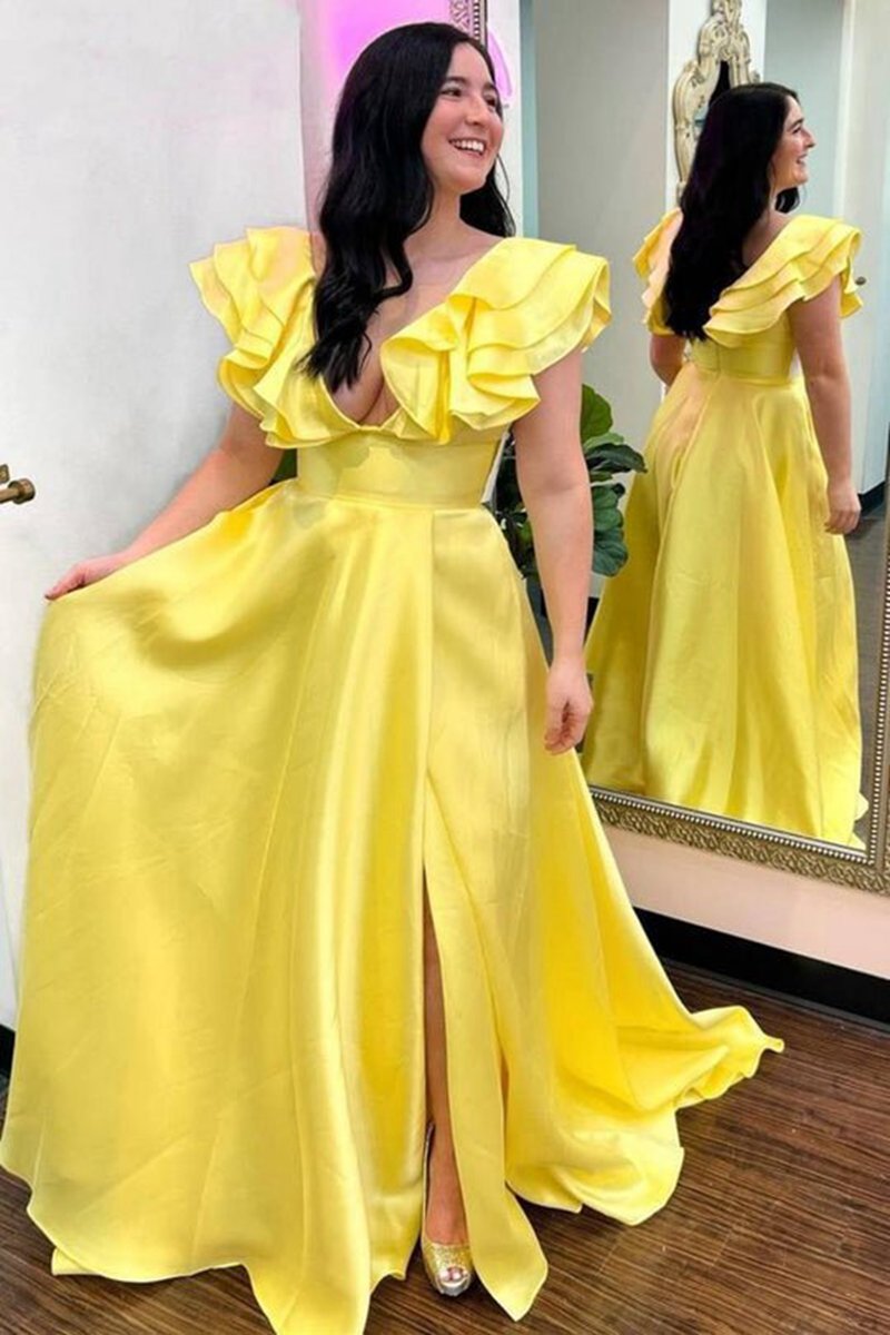 V-Neck Ruffle A-line Long Prom Dresses