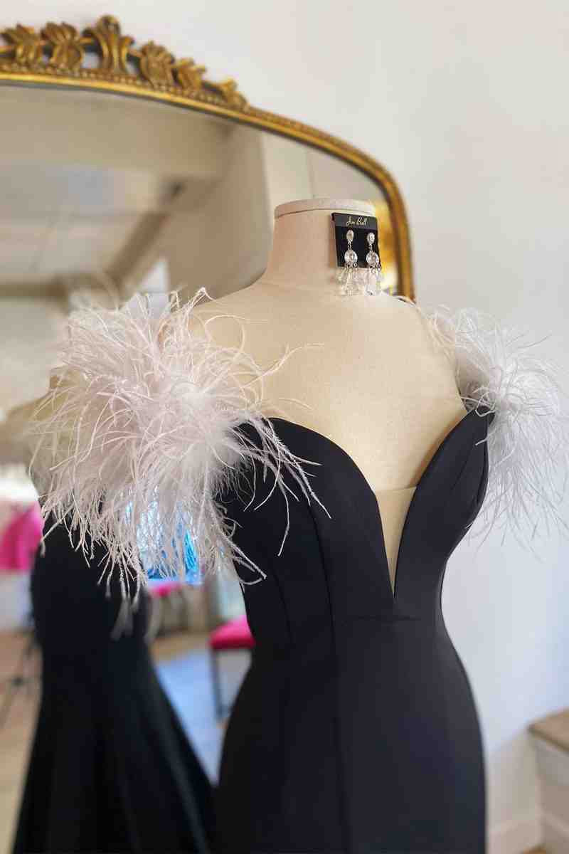 Long High Slit Prom Dresses with Feather