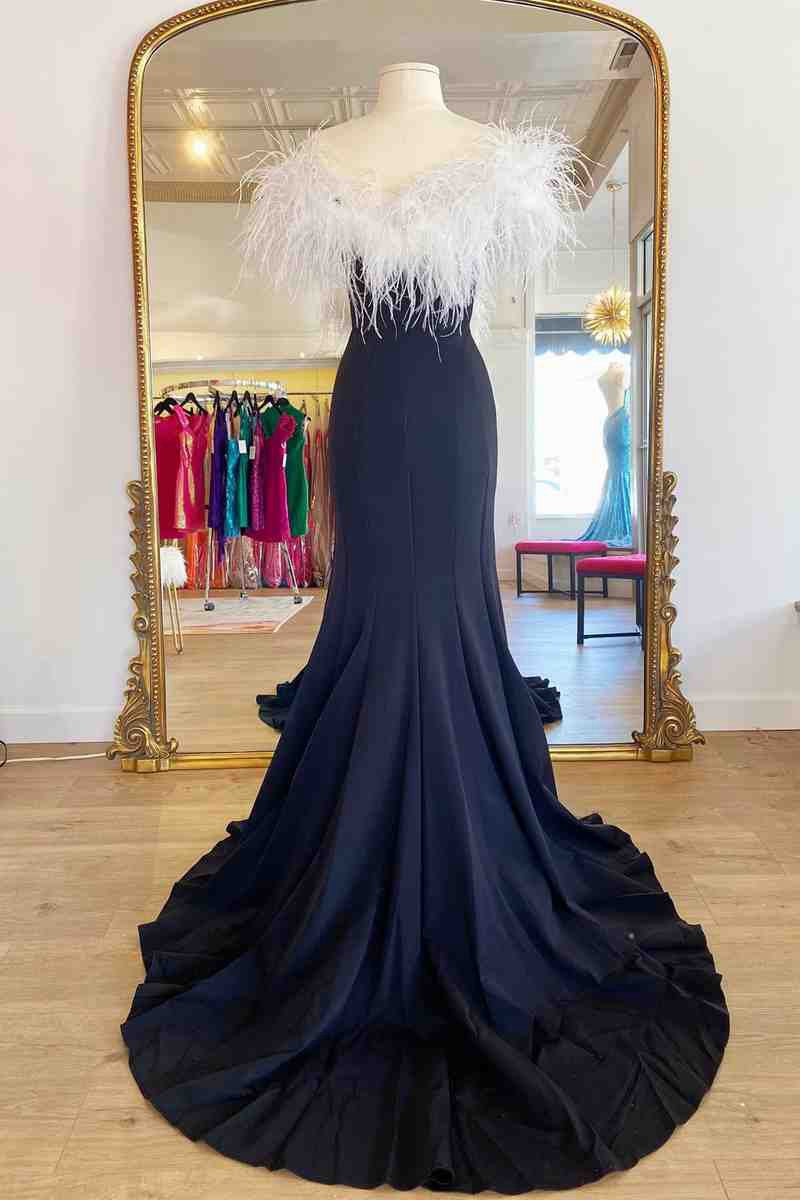 Long High Slit Prom Dresses with Feather