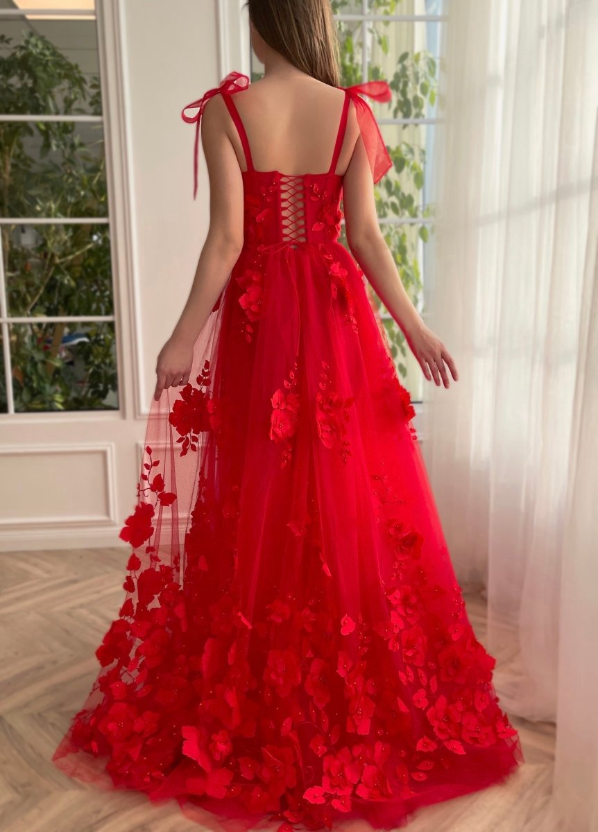Scarlet Lace A-line 3D Flower Long Prom Dresses with Slit