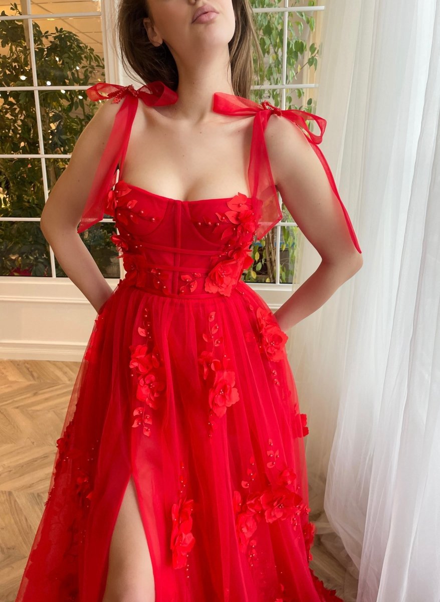 Scarlet Lace A-line 3D Flower Long Prom Dresses with Slit