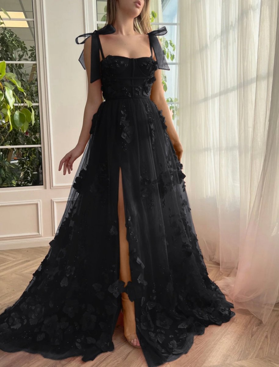 Scarlet Lace A-line 3D Flower Long Prom Dresses with Slit