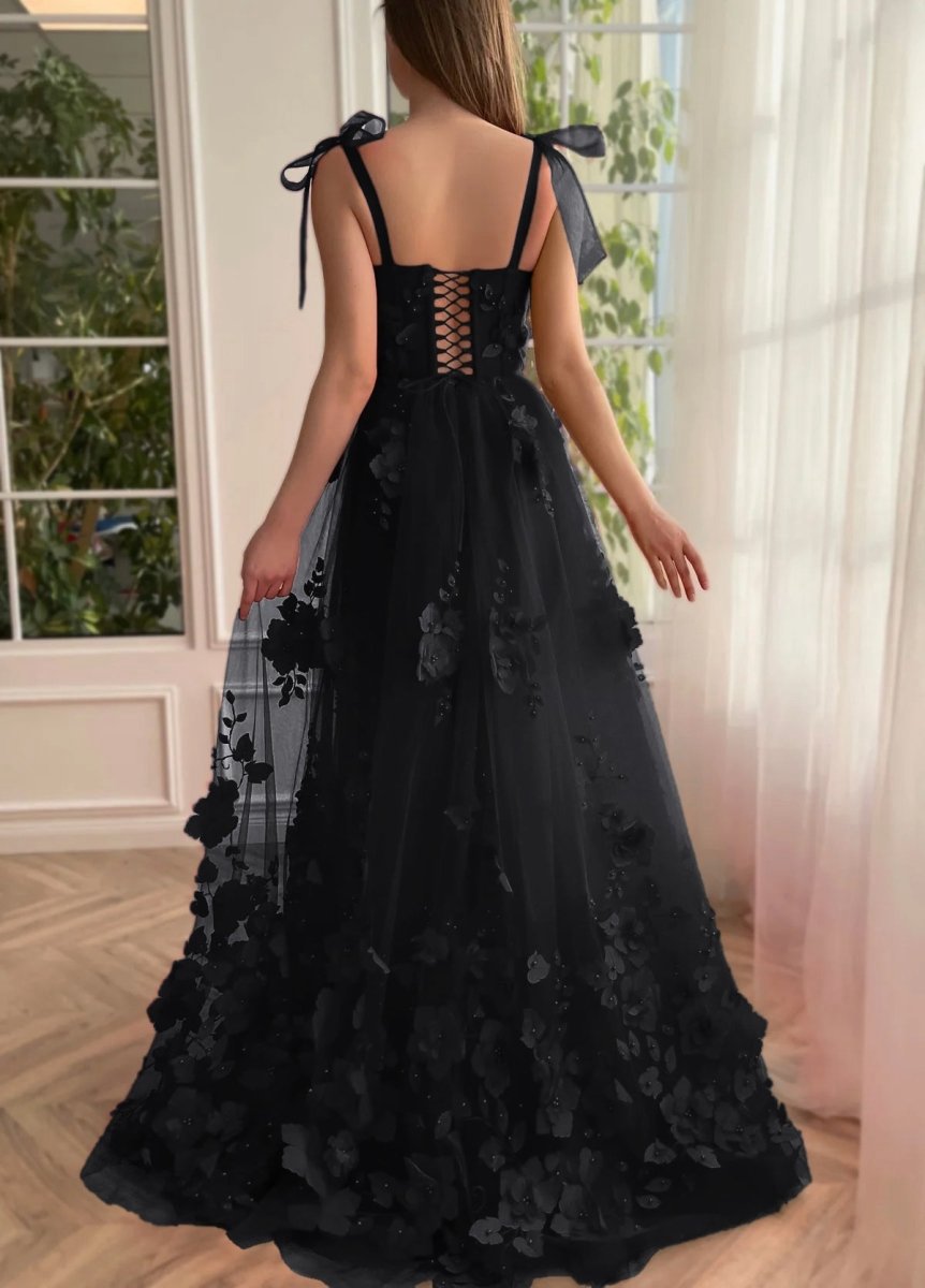 Scarlet Lace A-line 3D Flower Long Prom Dresses with Slit