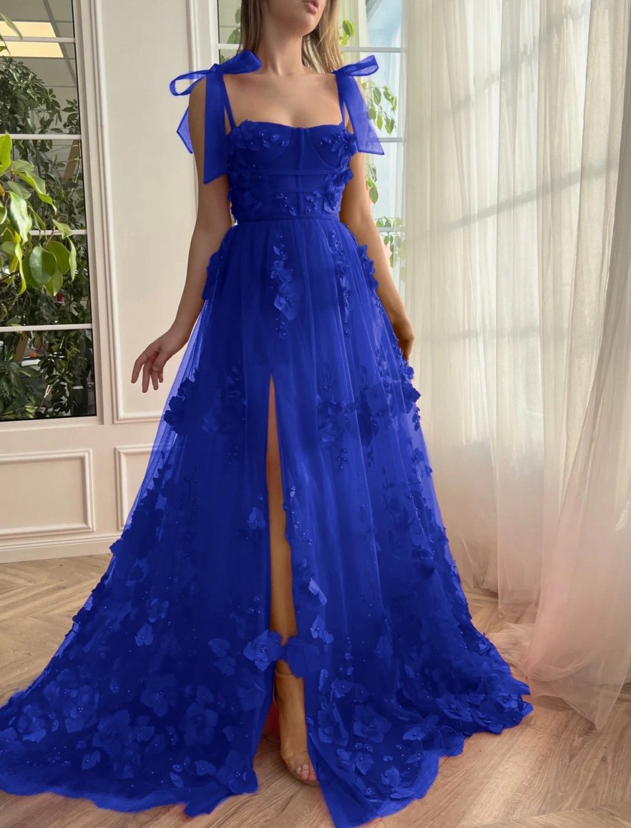 Scarlet Lace A-line 3D Flower Long Prom Dresses with Slit
