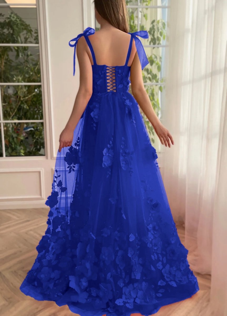 Scarlet Lace A-line 3D Flower Long Prom Dresses with Slit