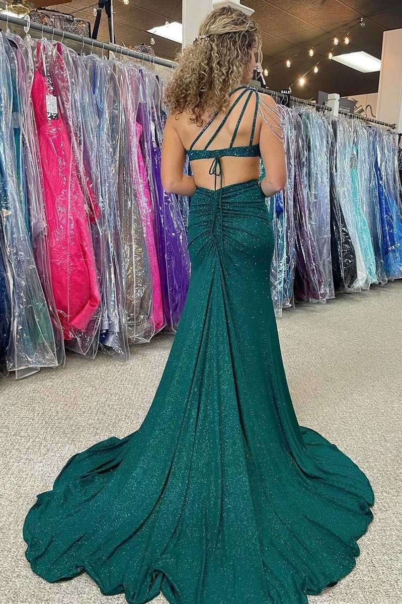 One-Shoulder Beaded Mermaid Long Prom Dresses with Slit