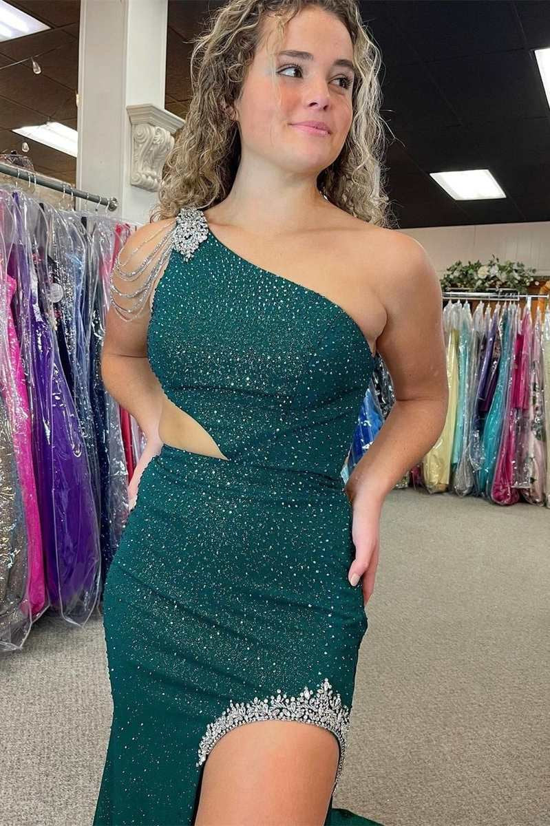 One-Shoulder Beaded Mermaid Long Prom Dresses with Slit