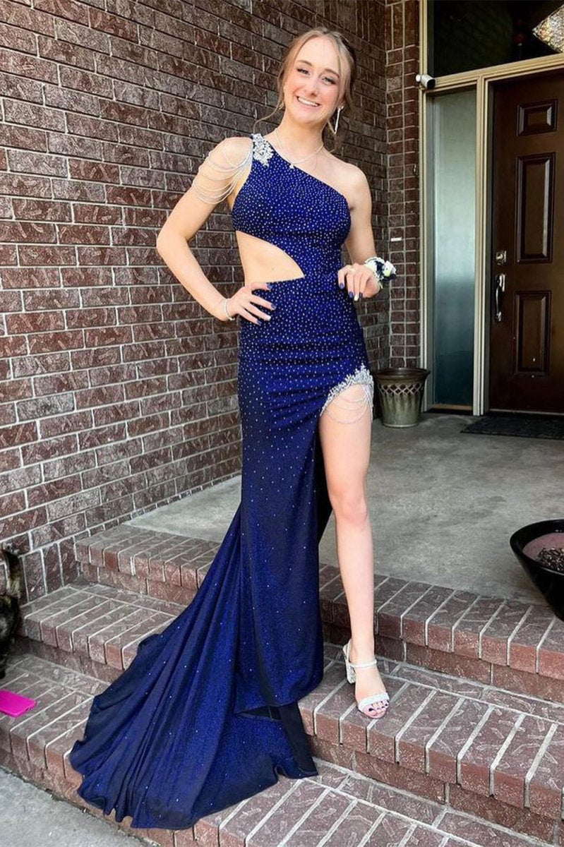 One-Shoulder Beaded Mermaid Long Prom Dresses with Slit
