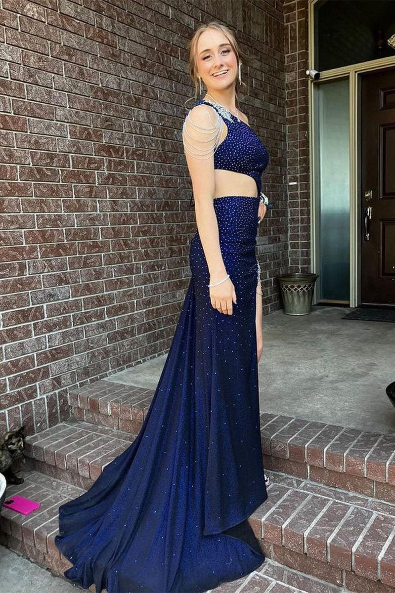 One-Shoulder Beaded Mermaid Long Prom Dresses with Slit