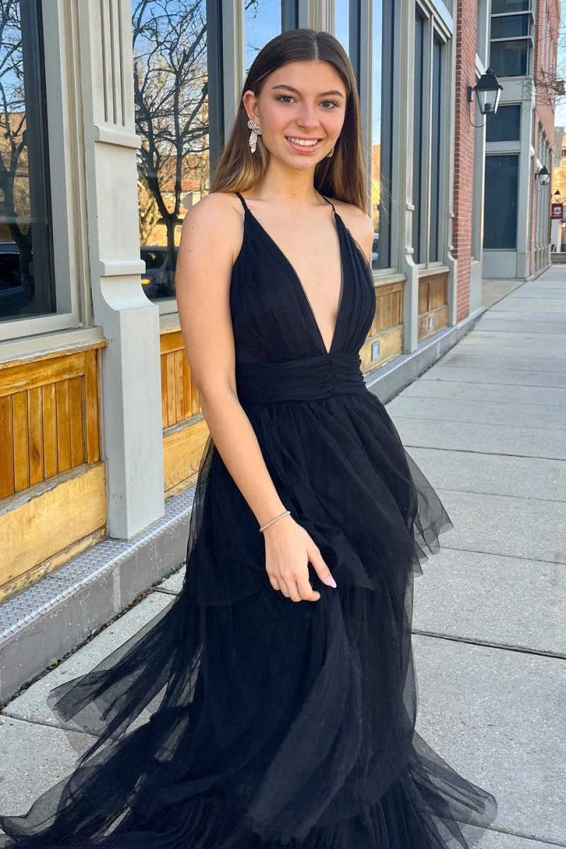 A-line Deep V Neck Cross Back Tulle Multi-Layers Long Prom Dresses