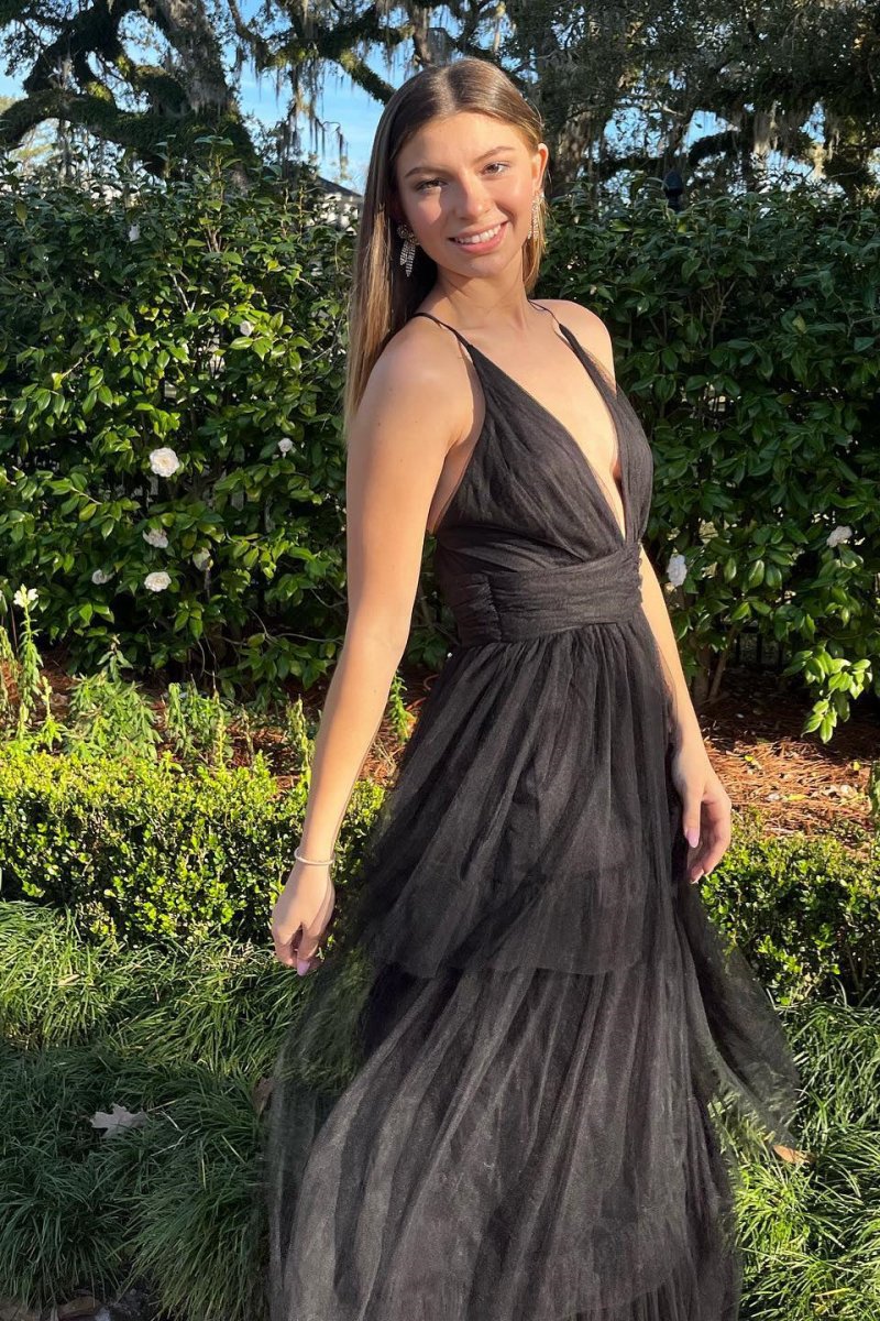 A-line Deep V Neck Cross Back Tulle Multi-Layers Long Prom Dresses