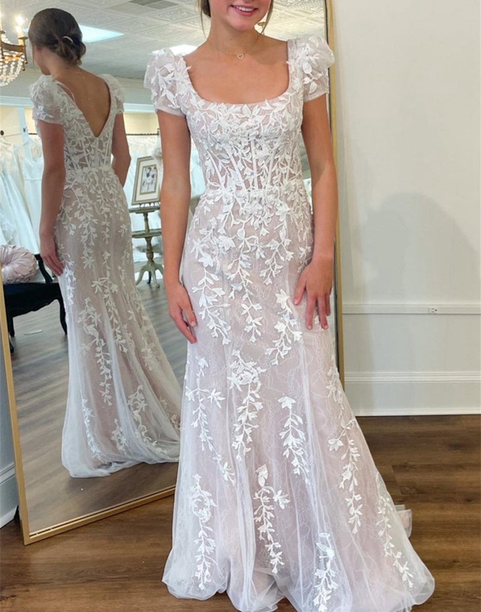 Appliques Square Neck Puff Sleeves Long Prom Dresses